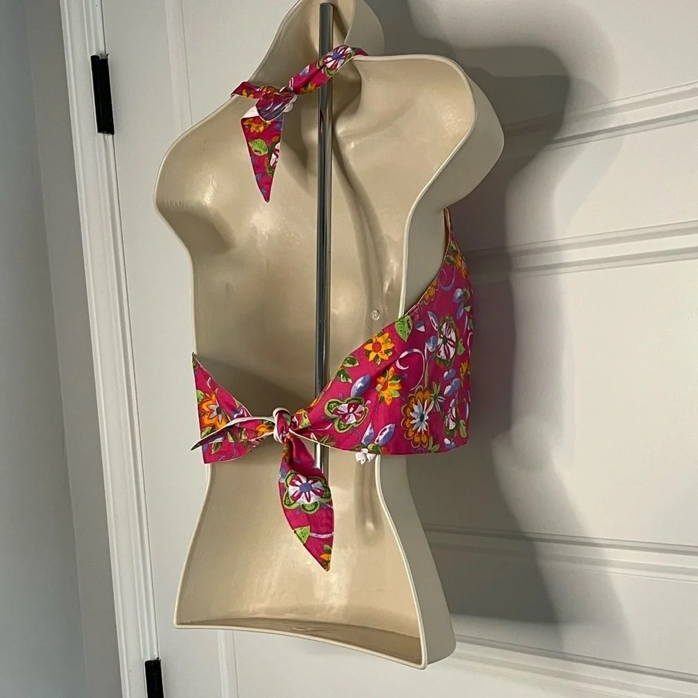 Vintage Y2K My Michelle Pink Floral Print Cropped V Neck Halter Top Retro 90’s S